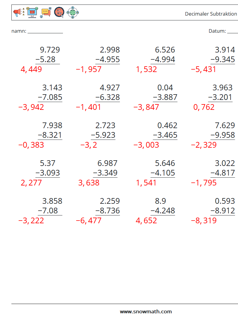 (25) Decimaler Subtraktion (3 siffror) Matematiska arbetsblad 4 Fråga, svar