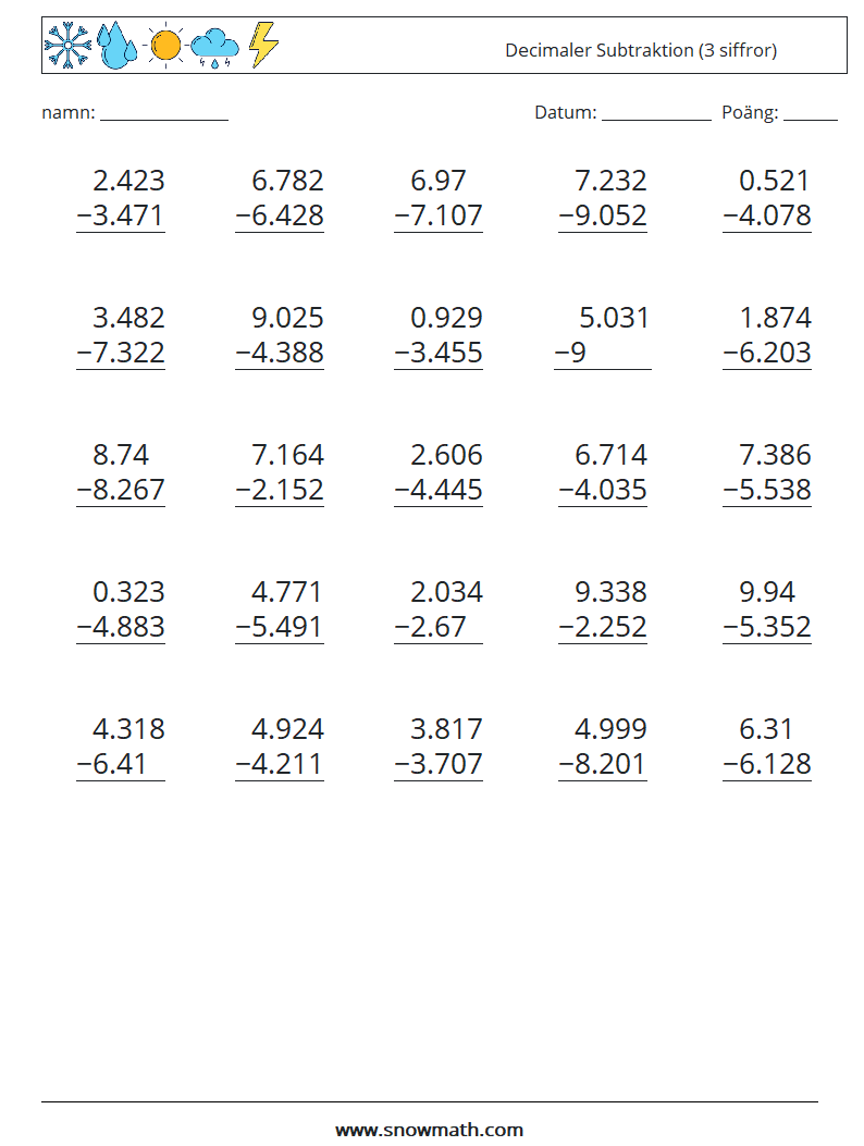 (25) Decimaler Subtraktion (3 siffror) Matematiska arbetsblad 5