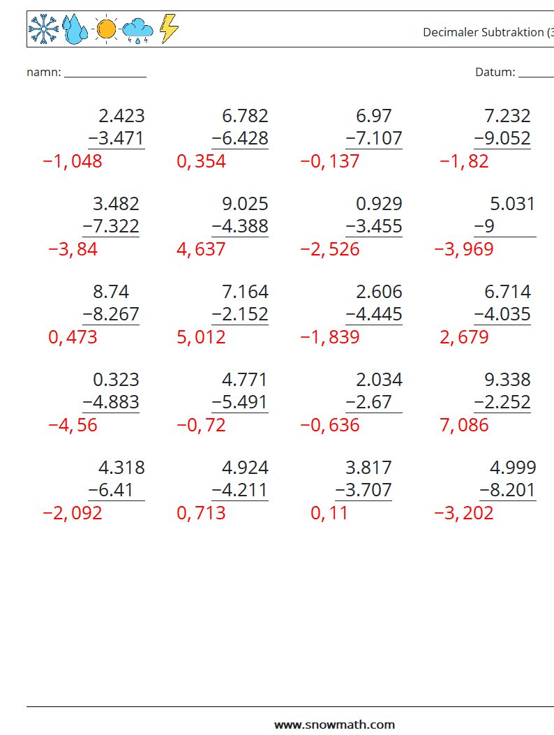 (25) Decimaler Subtraktion (3 siffror) Matematiska arbetsblad 5 Fråga, svar