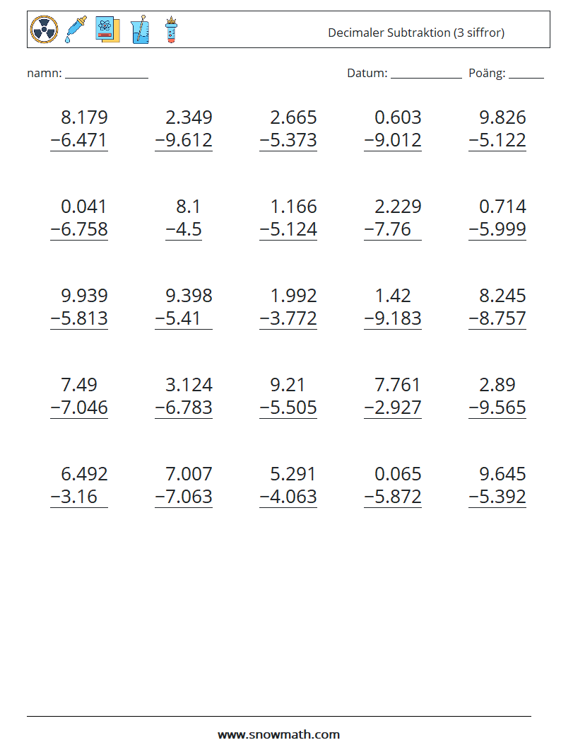 (25) Decimaler Subtraktion (3 siffror) Matematiska arbetsblad 6
