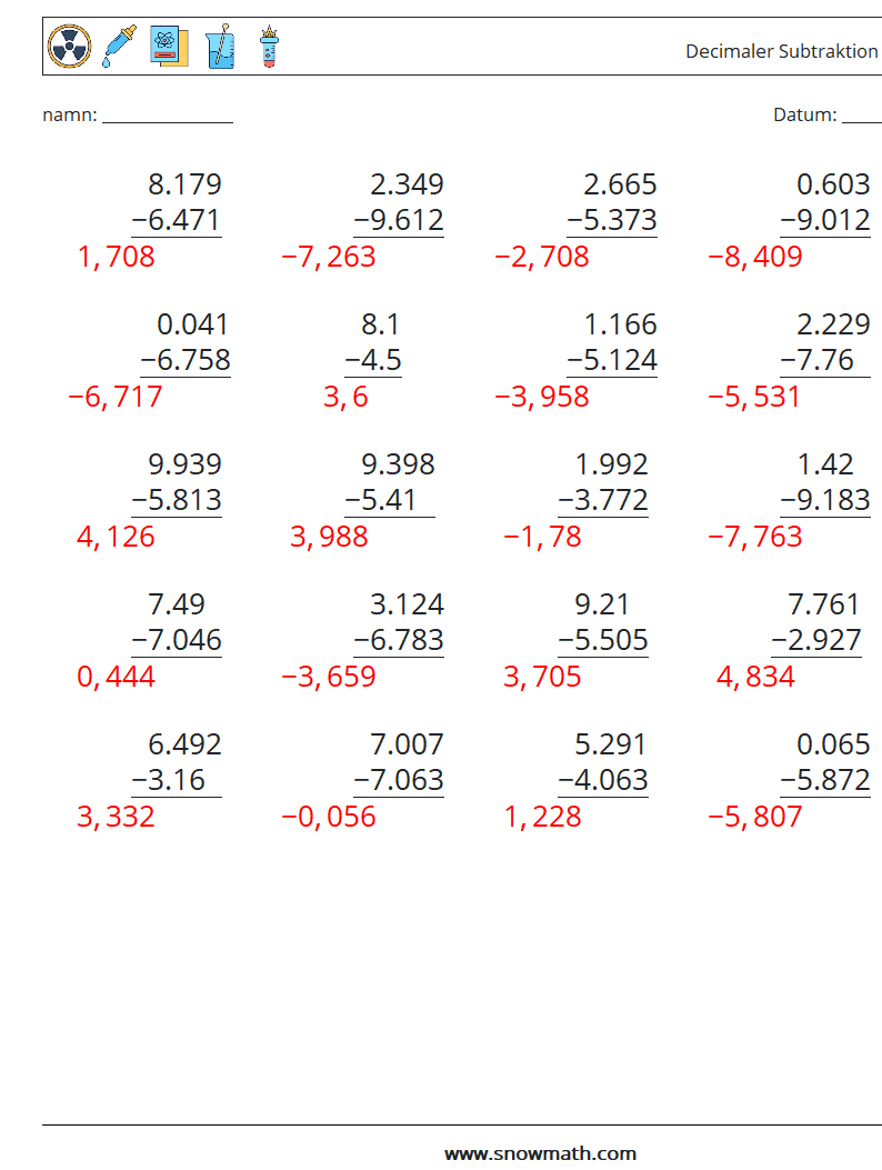 (25) Decimaler Subtraktion (3 siffror) Matematiska arbetsblad 6 Fråga, svar