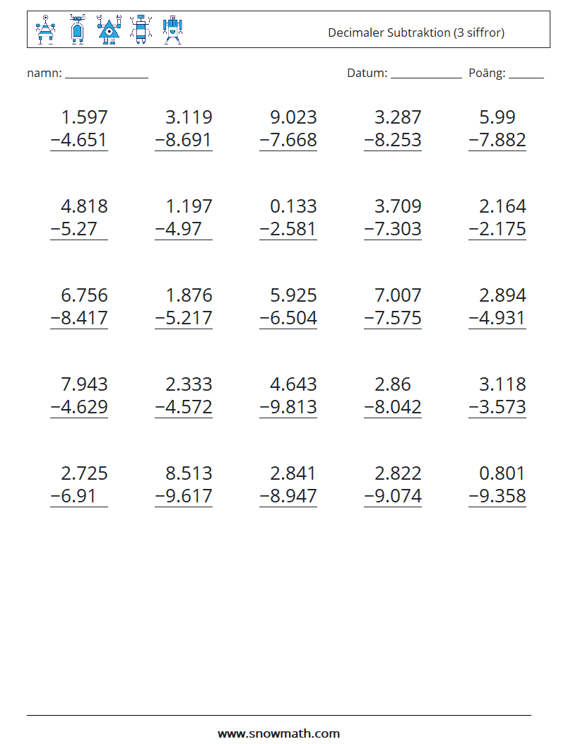 (25) Decimaler Subtraktion (3 siffror) Matematiska arbetsblad 7