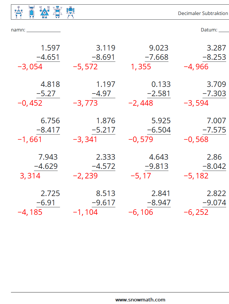 (25) Decimaler Subtraktion (3 siffror) Matematiska arbetsblad 7 Fråga, svar