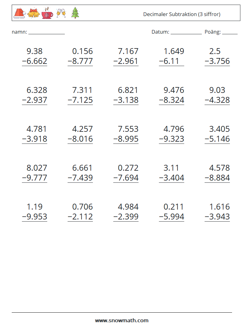 (25) Decimaler Subtraktion (3 siffror) Matematiska arbetsblad 8