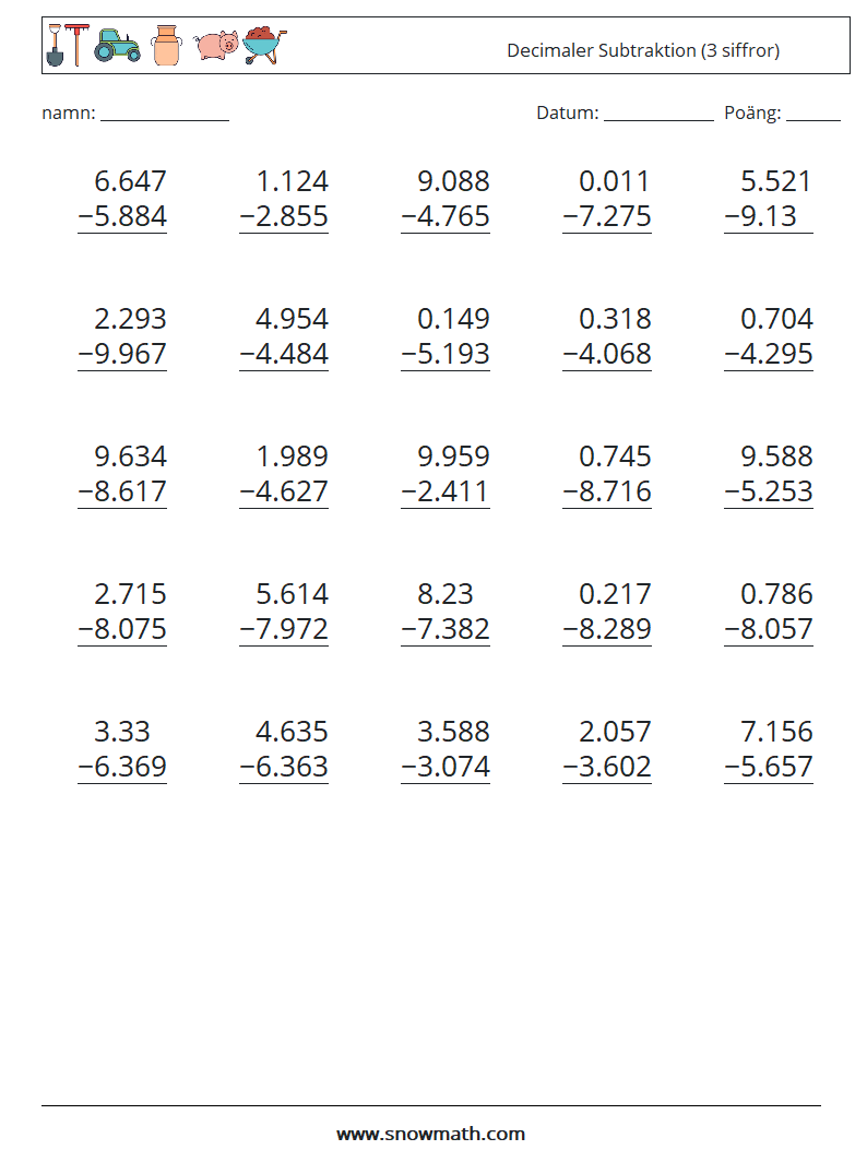 (25) Decimaler Subtraktion (3 siffror) Matematiska arbetsblad 9