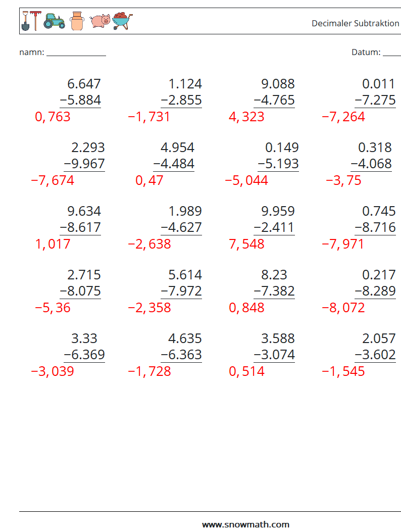 (25) Decimaler Subtraktion (3 siffror) Matematiska arbetsblad 9 Fråga, svar