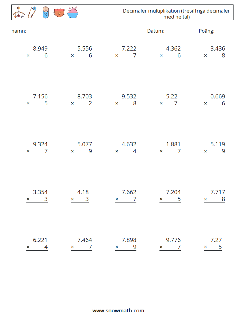 (25) Decimaler multiplikation (tresiffriga decimaler med heltal) Matematiska arbetsblad 4