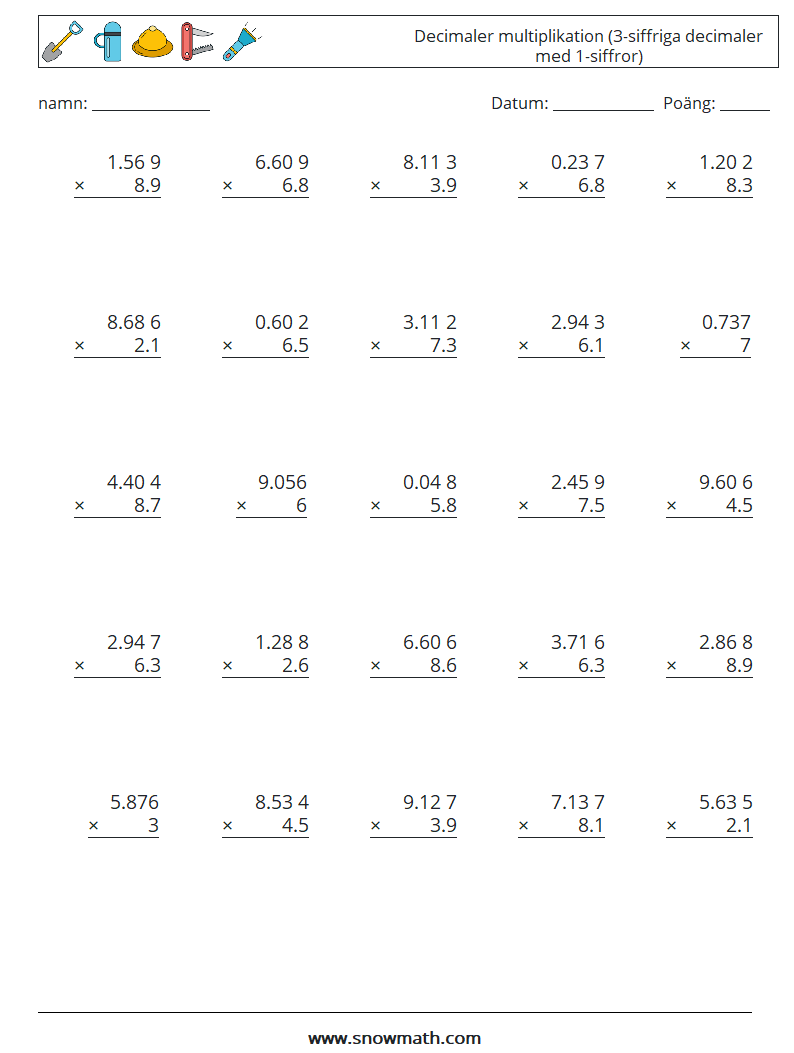 (25) Decimaler multiplikation (3-siffriga decimaler med 1-siffror) Matematiska arbetsblad 3