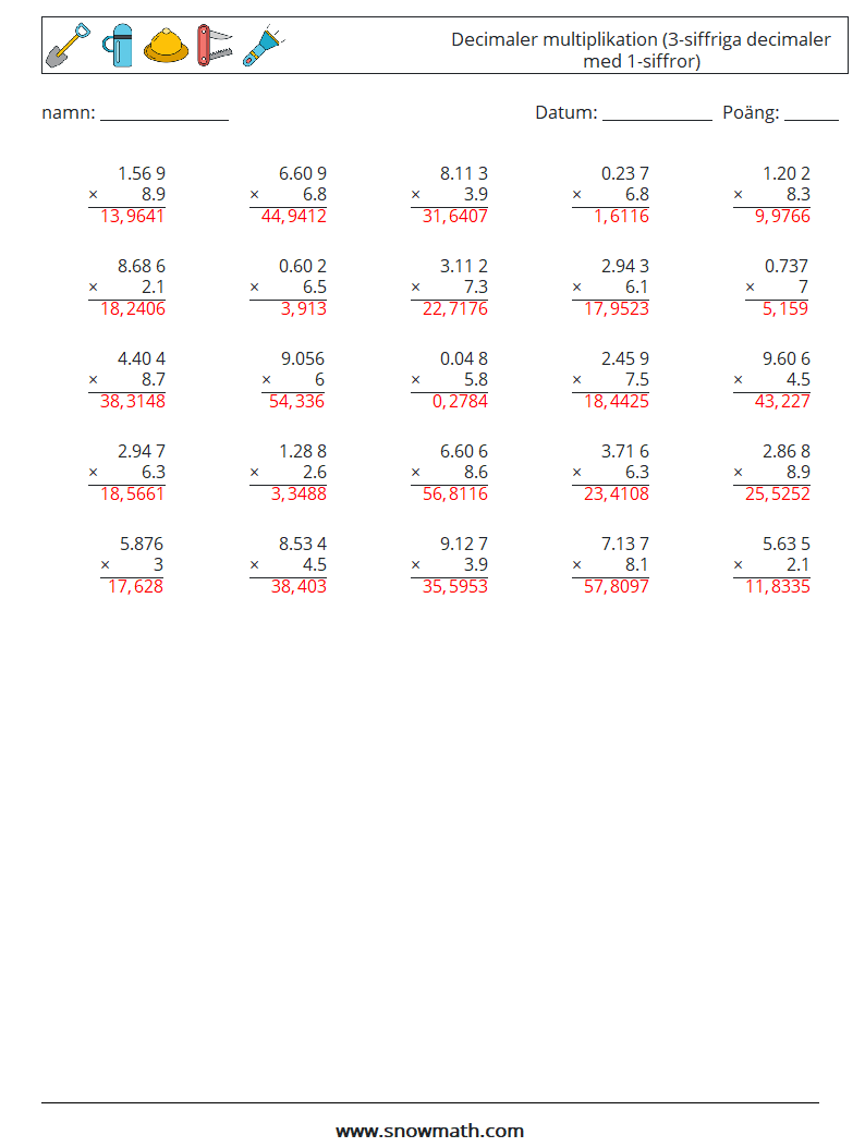 (25) Decimaler multiplikation (3-siffriga decimaler med 1-siffror) Matematiska arbetsblad 3 Fråga, svar