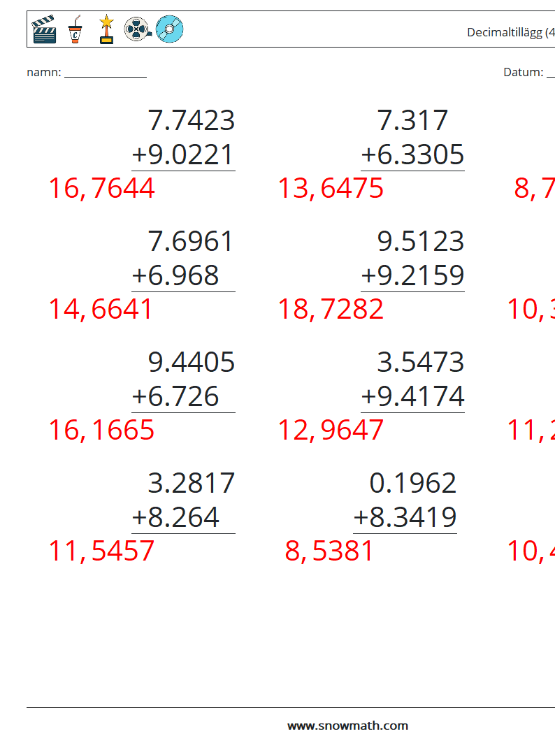 (12) Decimaltillägg (4 siffror) Matematiska arbetsblad 10 Fråga, svar