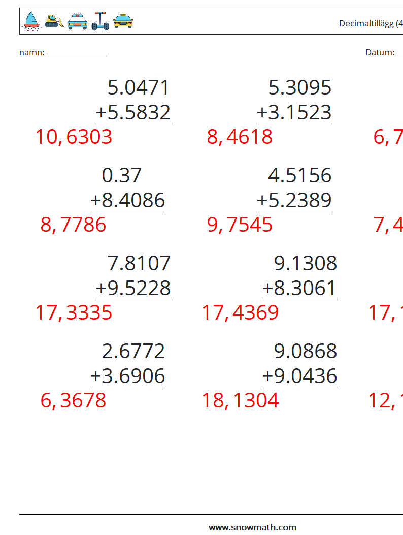 (12) Decimaltillägg (4 siffror) Matematiska arbetsblad 12 Fråga, svar