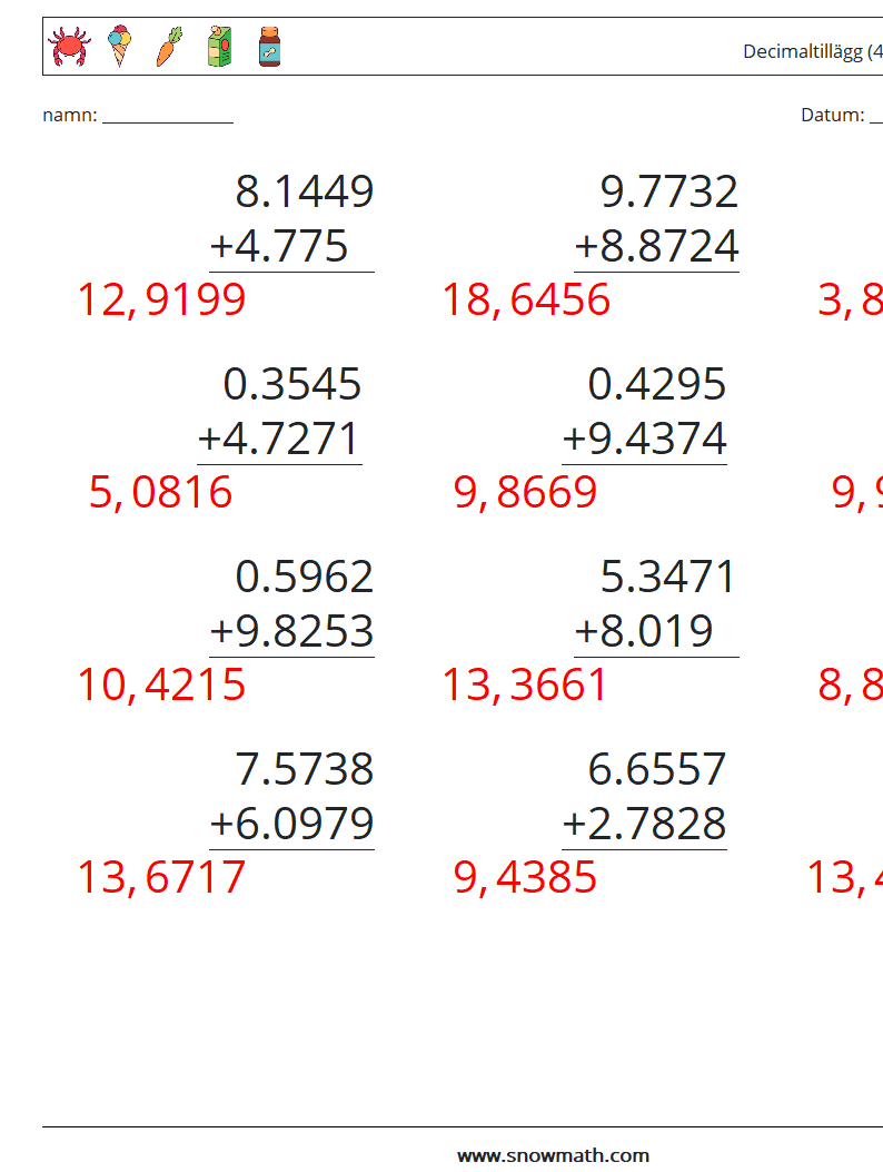 (12) Decimaltillägg (4 siffror) Matematiska arbetsblad 14 Fråga, svar