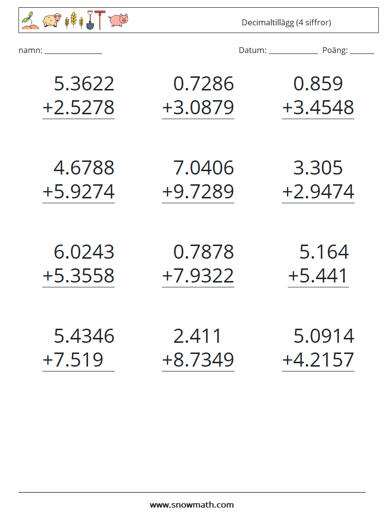(12) Decimaltillägg (4 siffror) Matematiska arbetsblad 3
