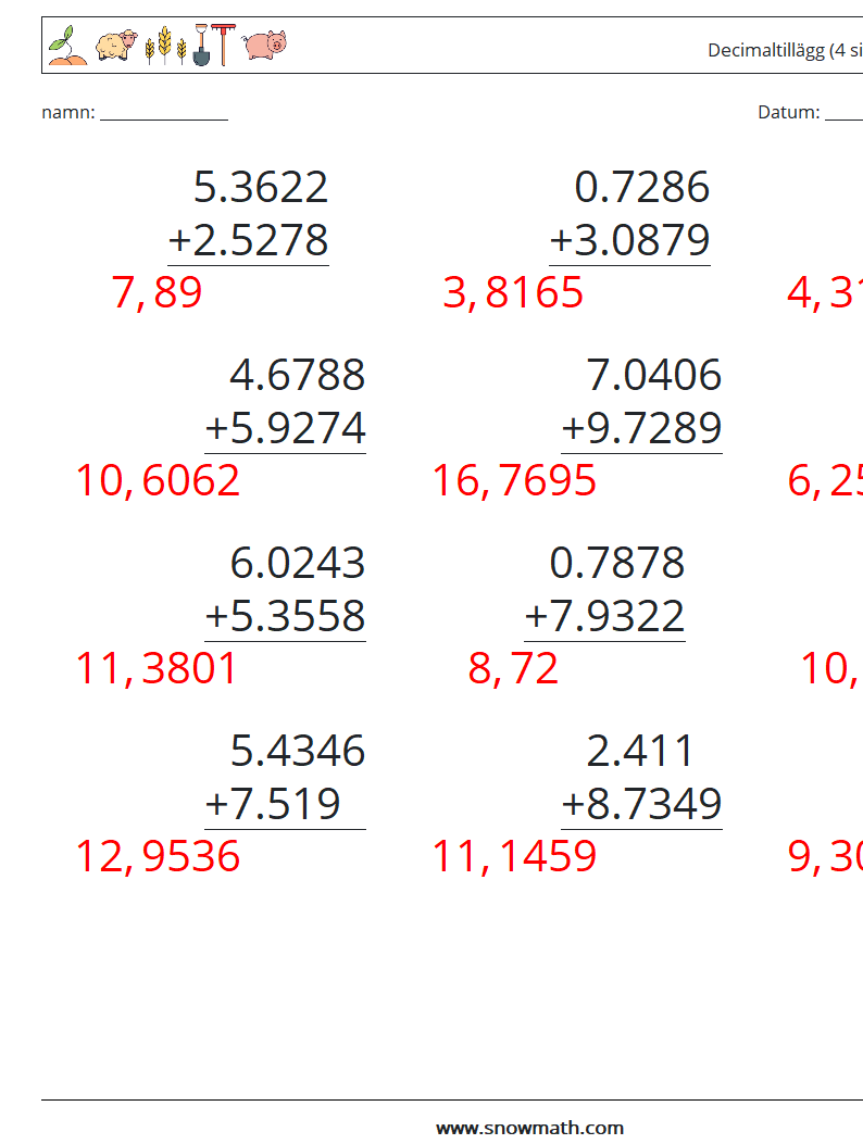 (12) Decimaltillägg (4 siffror) Matematiska arbetsblad 3 Fråga, svar