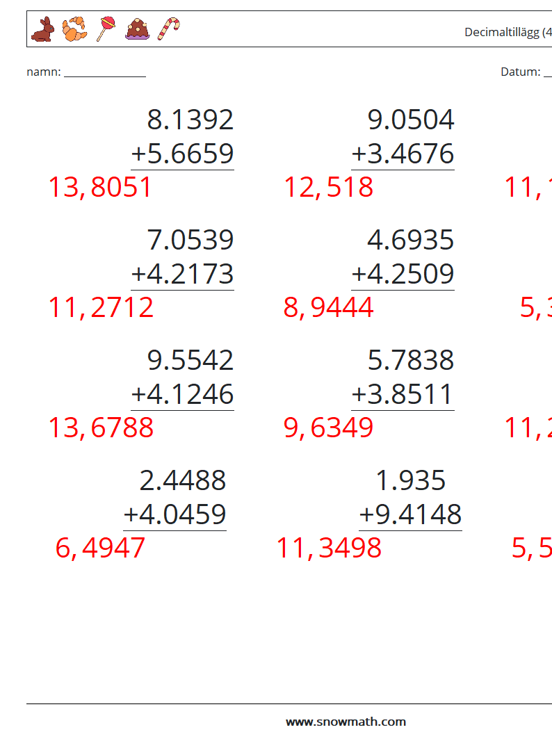 (12) Decimaltillägg (4 siffror) Matematiska arbetsblad 6 Fråga, svar