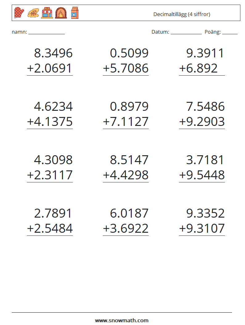 (12) Decimaltillägg (4 siffror) Matematiska arbetsblad 8