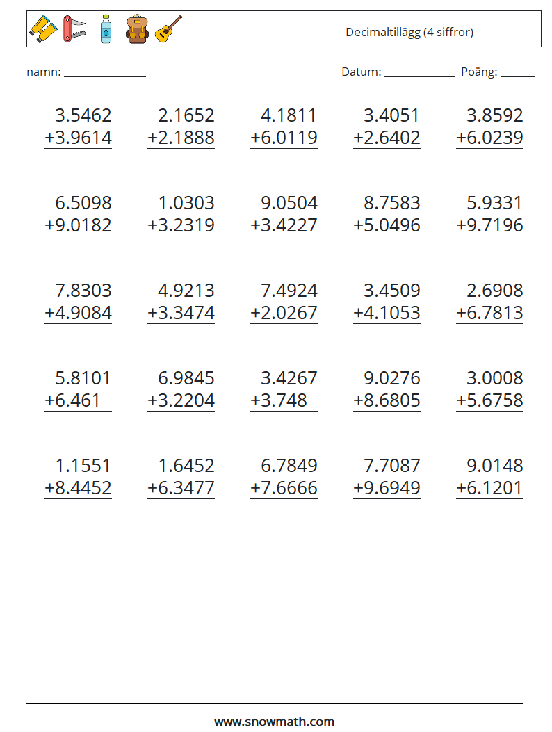 (25) Decimaltillägg (4 siffror) Matematiska arbetsblad 11