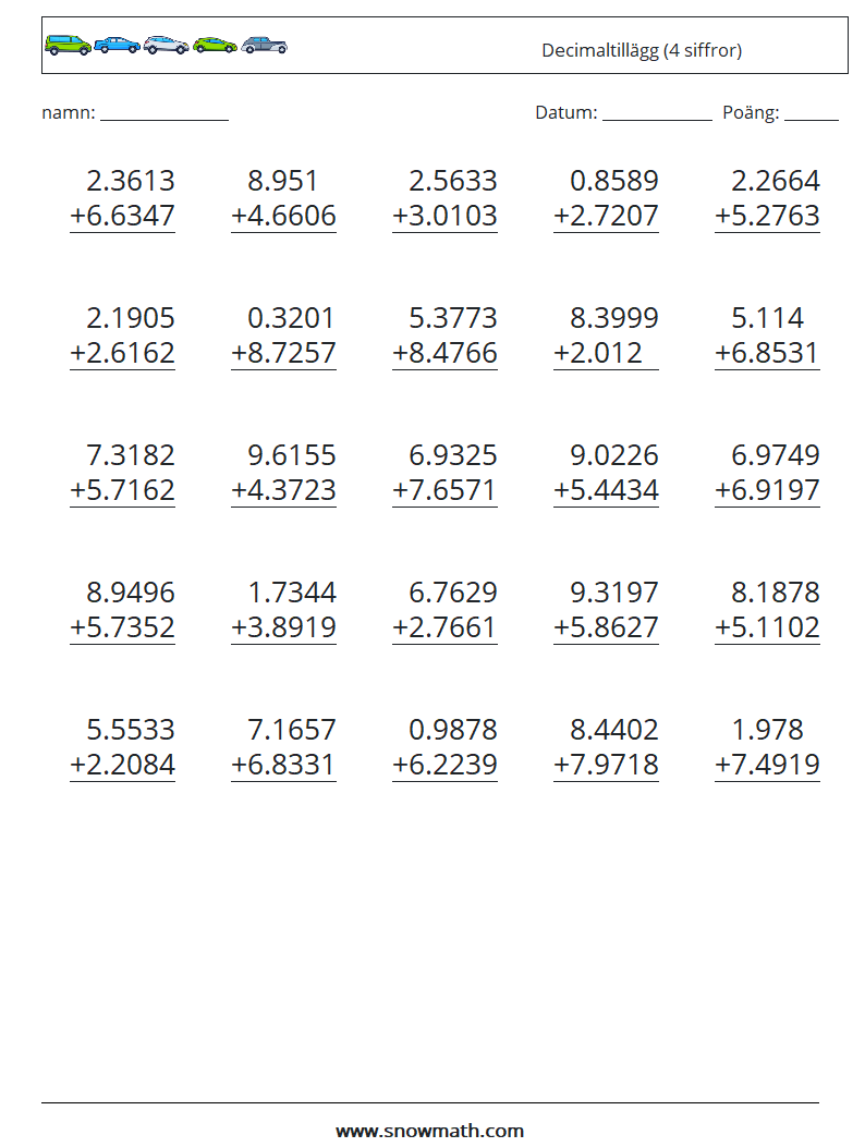 (25) Decimaltillägg (4 siffror) Matematiska arbetsblad 13