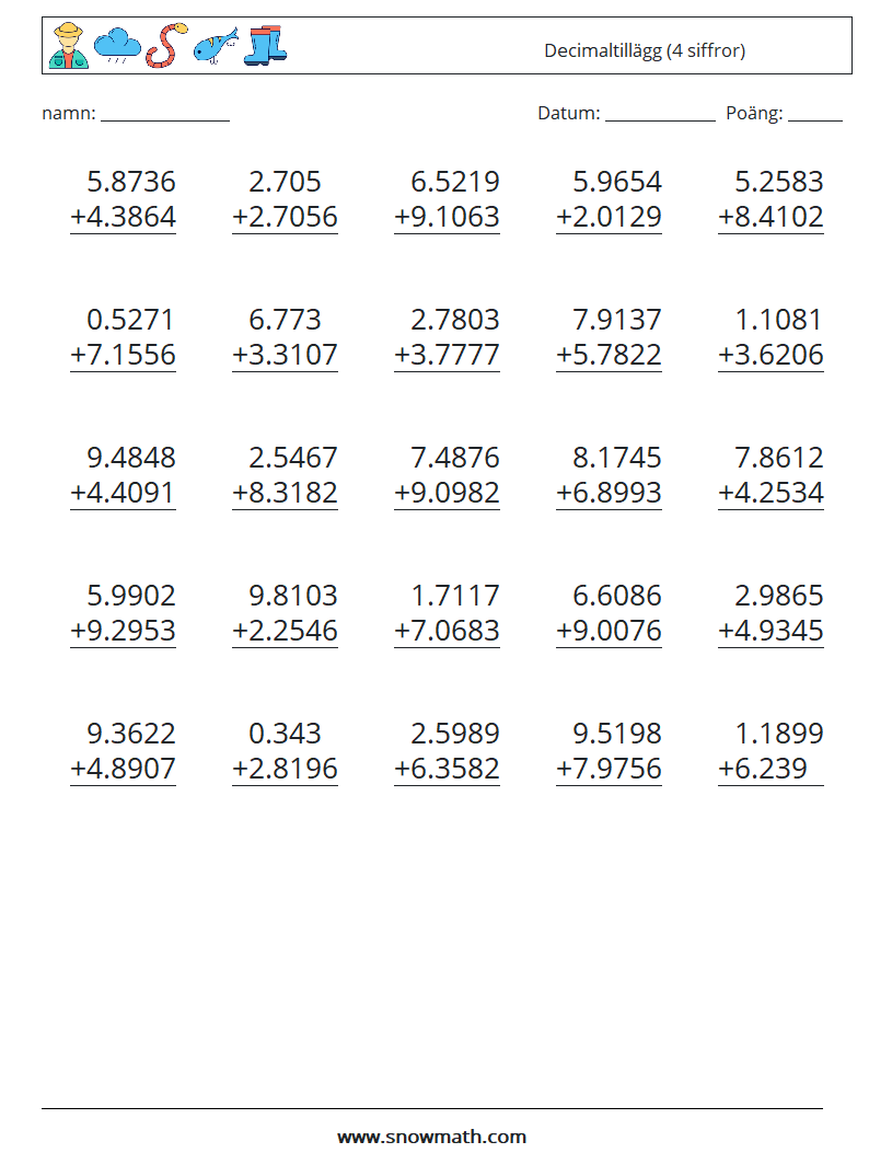 (25) Decimaltillägg (4 siffror) Matematiska arbetsblad 14