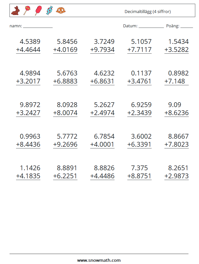 (25) Decimaltillägg (4 siffror) Matematiska arbetsblad 4