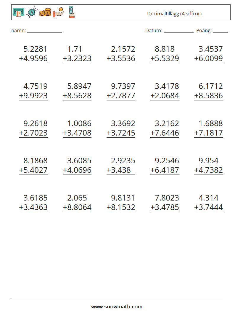 (25) Decimaltillägg (4 siffror) Matematiska arbetsblad 6