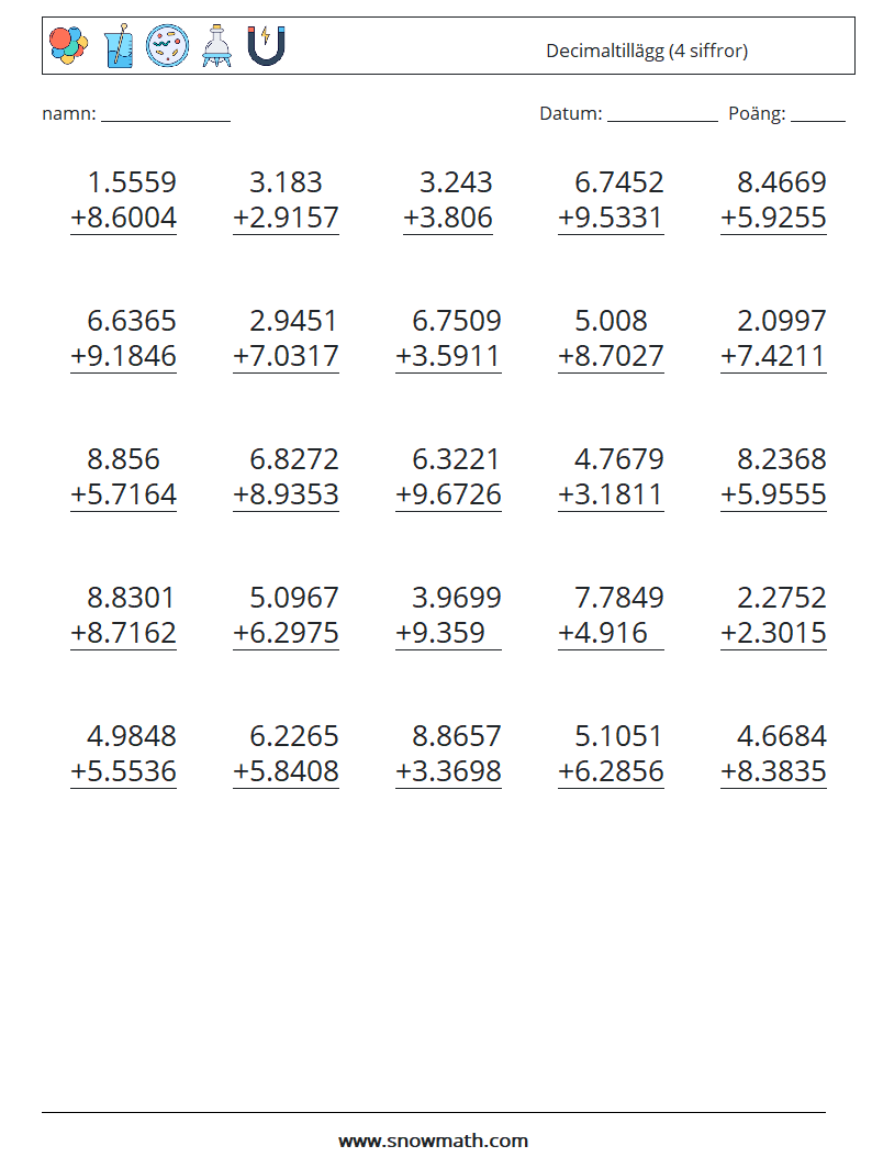 (25) Decimaltillägg (4 siffror) Matematiska arbetsblad 9
