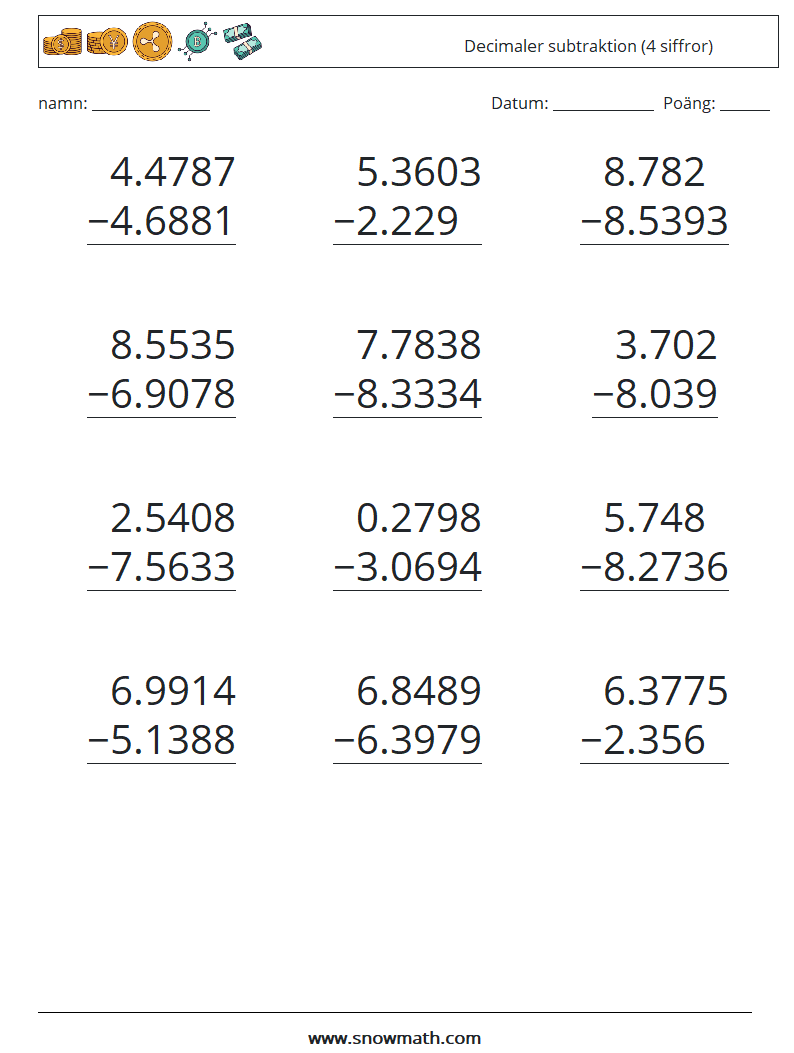 (12) Decimaler subtraktion (4 siffror)