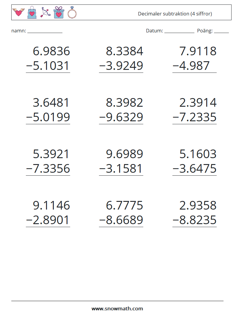 (12) Decimaler subtraktion (4 siffror) Matematiska arbetsblad 10