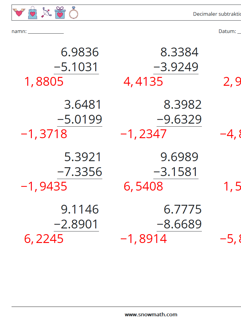 (12) Decimaler subtraktion (4 siffror) Matematiska arbetsblad 10 Fråga, svar