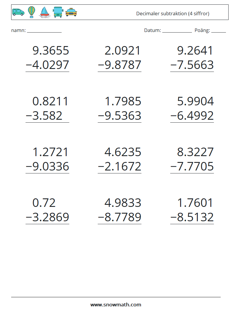 (12) Decimaler subtraktion (4 siffror) Matematiska arbetsblad 11