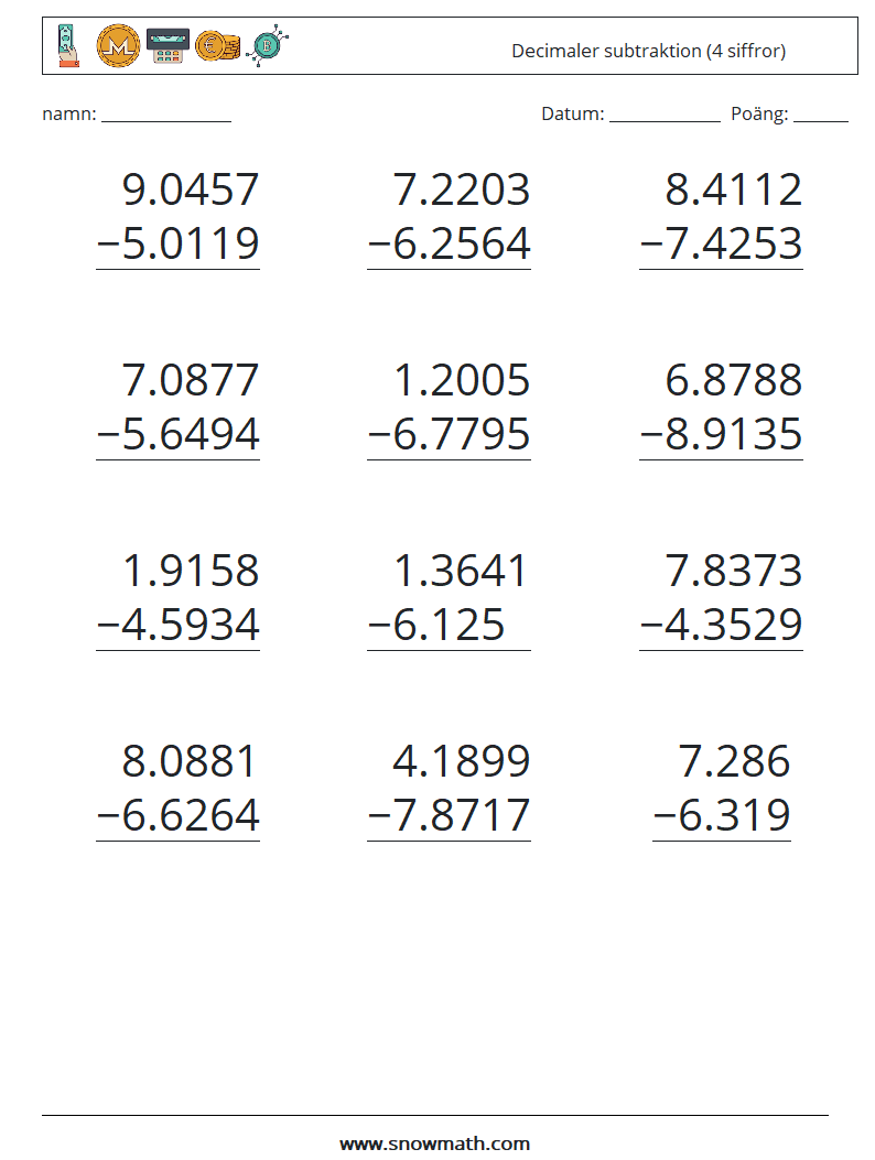 (12) Decimaler subtraktion (4 siffror) Matematiska arbetsblad 12