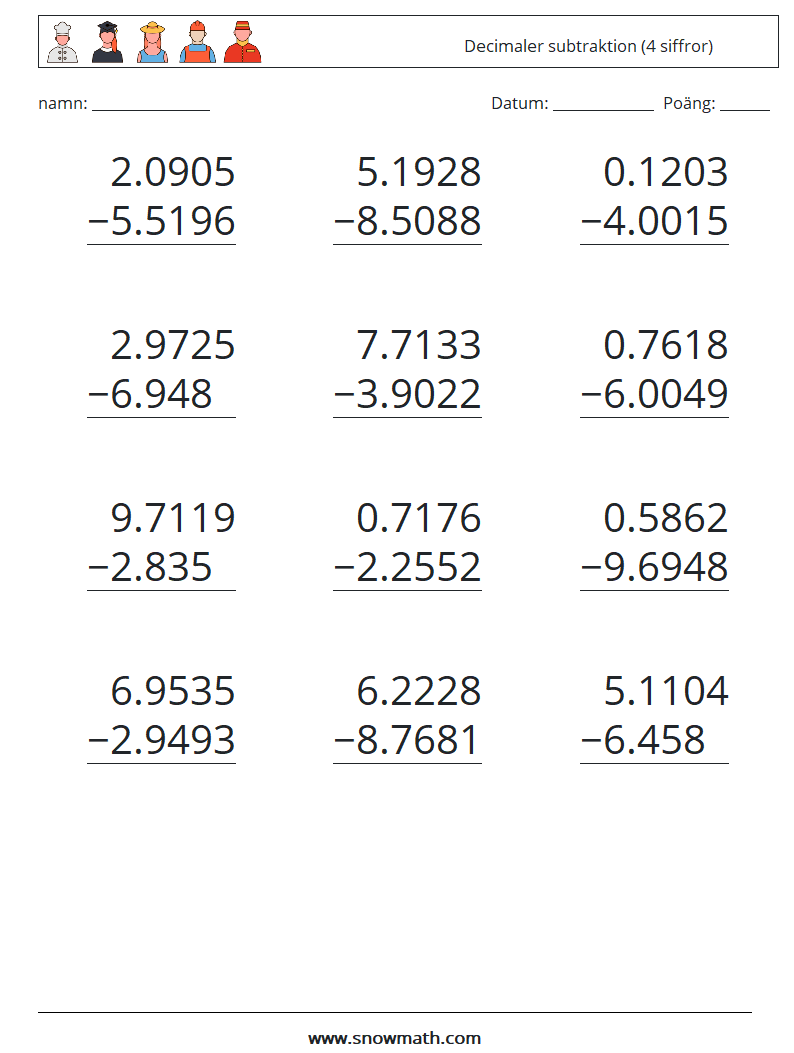 (12) Decimaler subtraktion (4 siffror) Matematiska arbetsblad 13