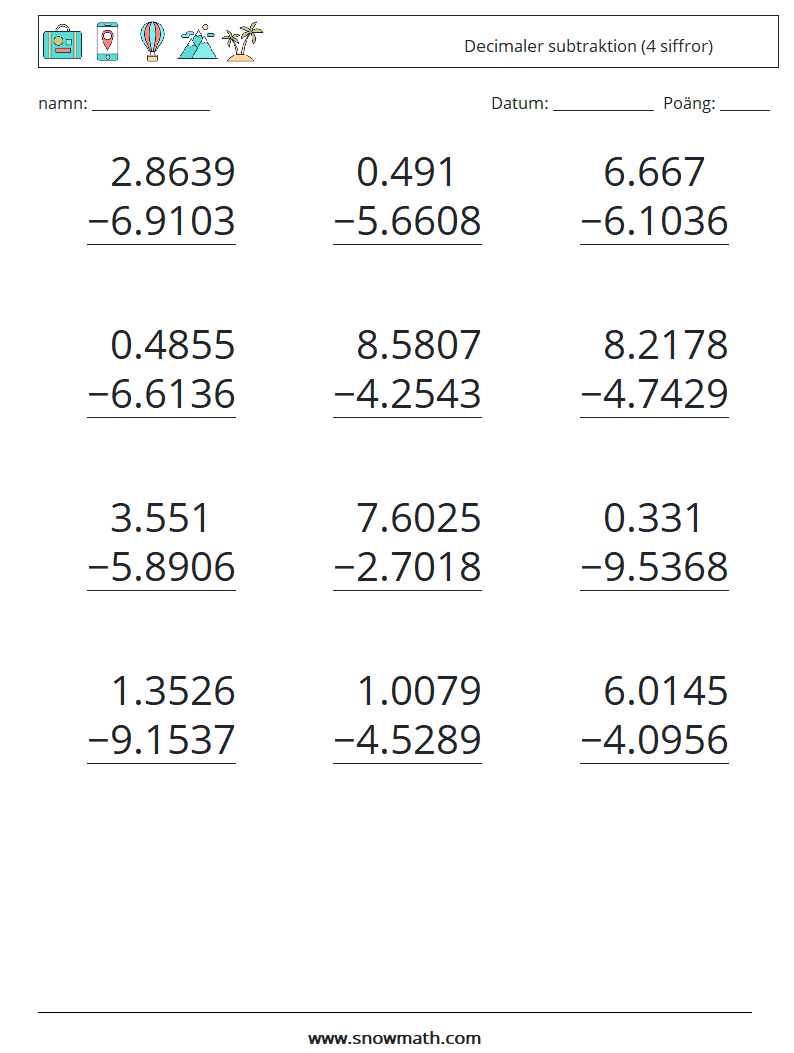 (12) Decimaler subtraktion (4 siffror) Matematiska arbetsblad 14