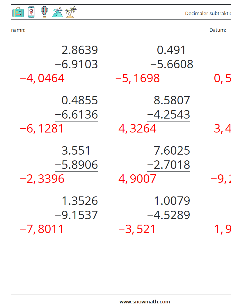 (12) Decimaler subtraktion (4 siffror) Matematiska arbetsblad 14 Fråga, svar