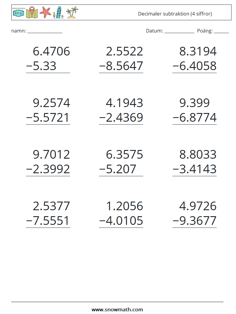 (12) Decimaler subtraktion (4 siffror) Matematiska arbetsblad 15