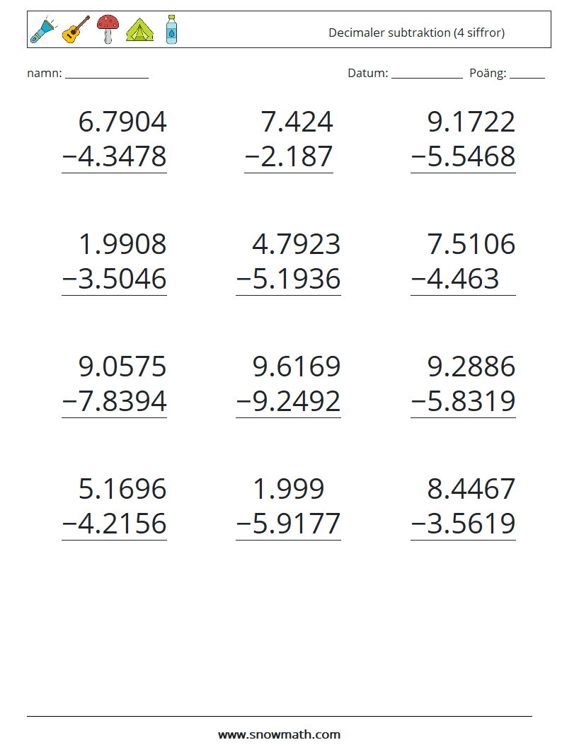 (12) Decimaler subtraktion (4 siffror) Matematiska arbetsblad 16