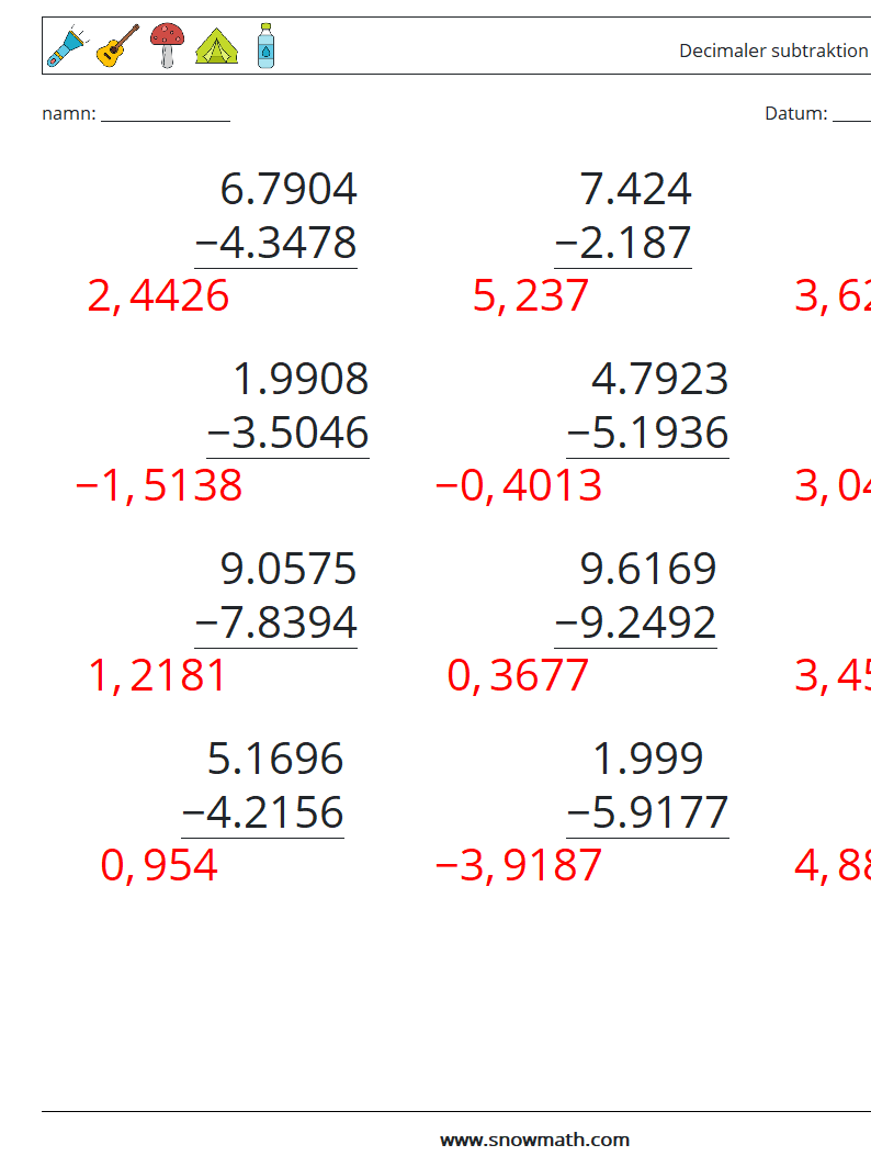 (12) Decimaler subtraktion (4 siffror) Matematiska arbetsblad 16 Fråga, svar