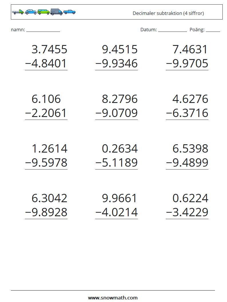 (12) Decimaler subtraktion (4 siffror) Matematiska arbetsblad 17