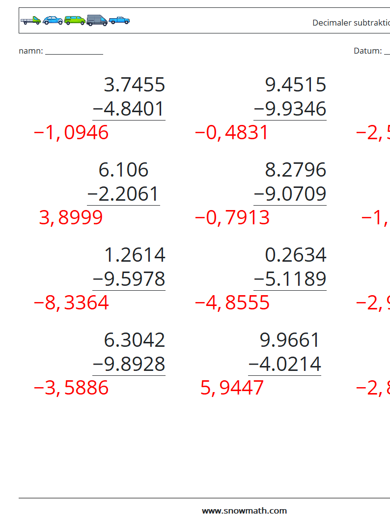 (12) Decimaler subtraktion (4 siffror) Matematiska arbetsblad 17 Fråga, svar