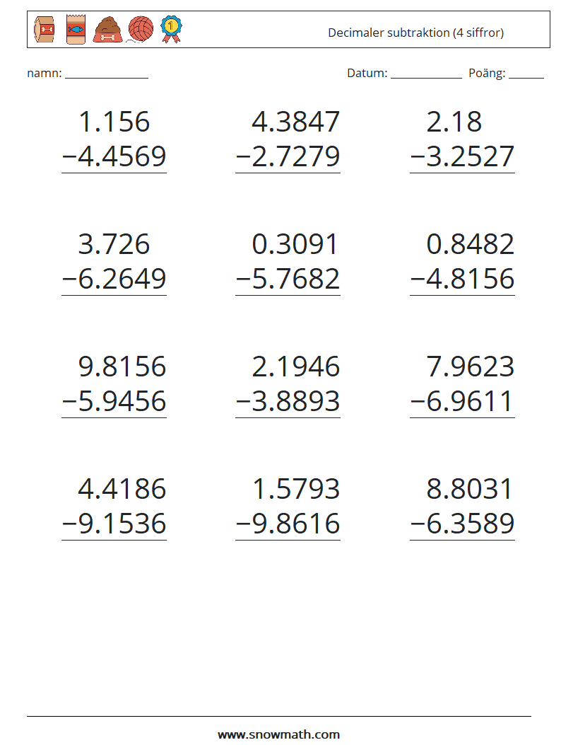 (12) Decimaler subtraktion (4 siffror) Matematiska arbetsblad 18