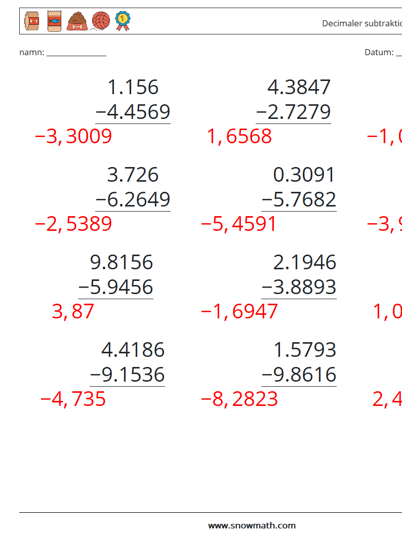 (12) Decimaler subtraktion (4 siffror) Matematiska arbetsblad 18 Fråga, svar