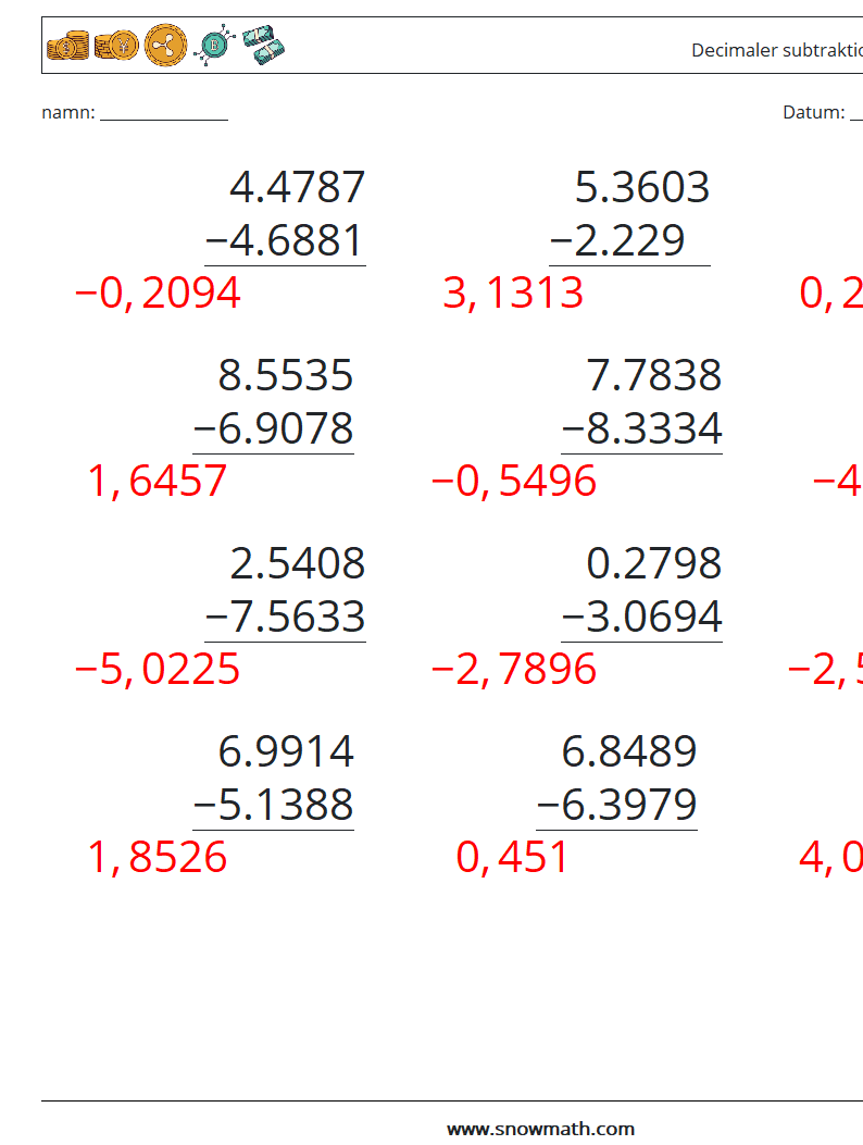 (12) Decimaler subtraktion (4 siffror) Matematiska arbetsblad 1 Fråga, svar