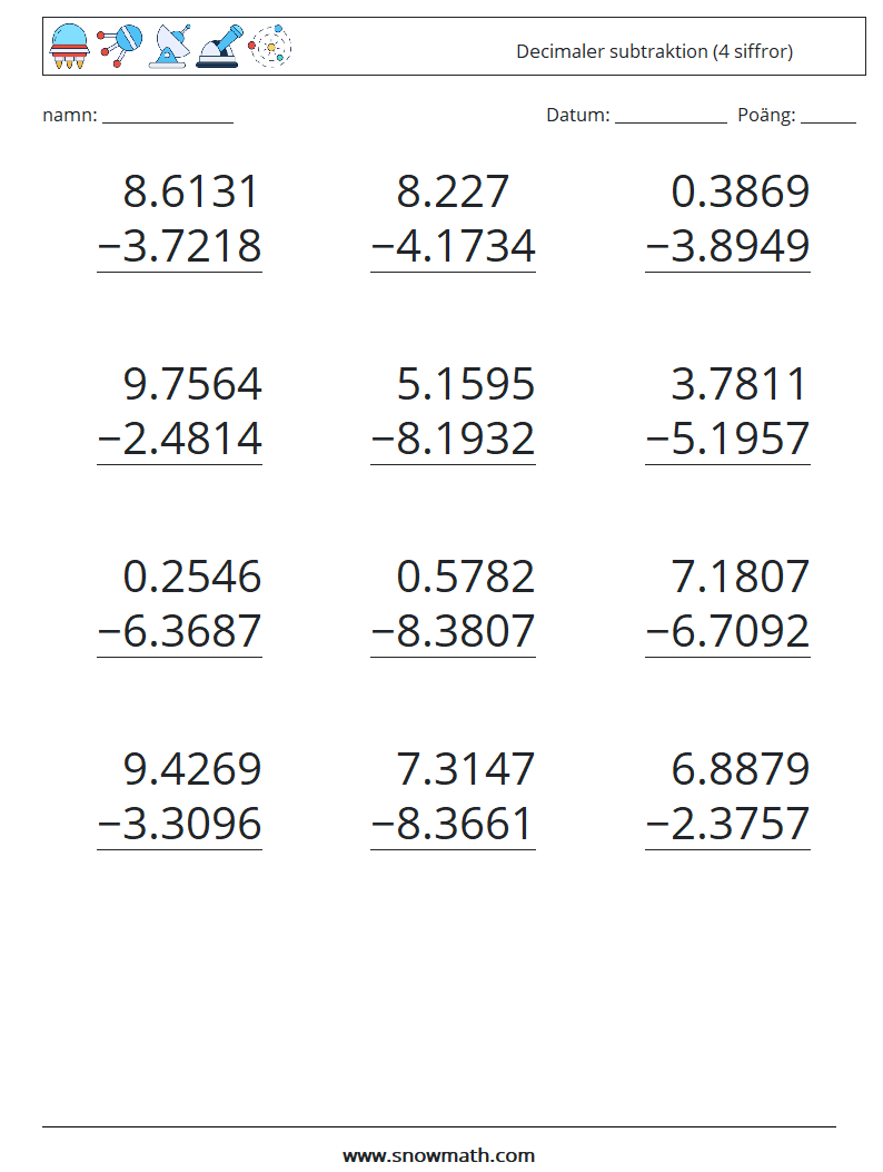 (12) Decimaler subtraktion (4 siffror) Matematiska arbetsblad 2