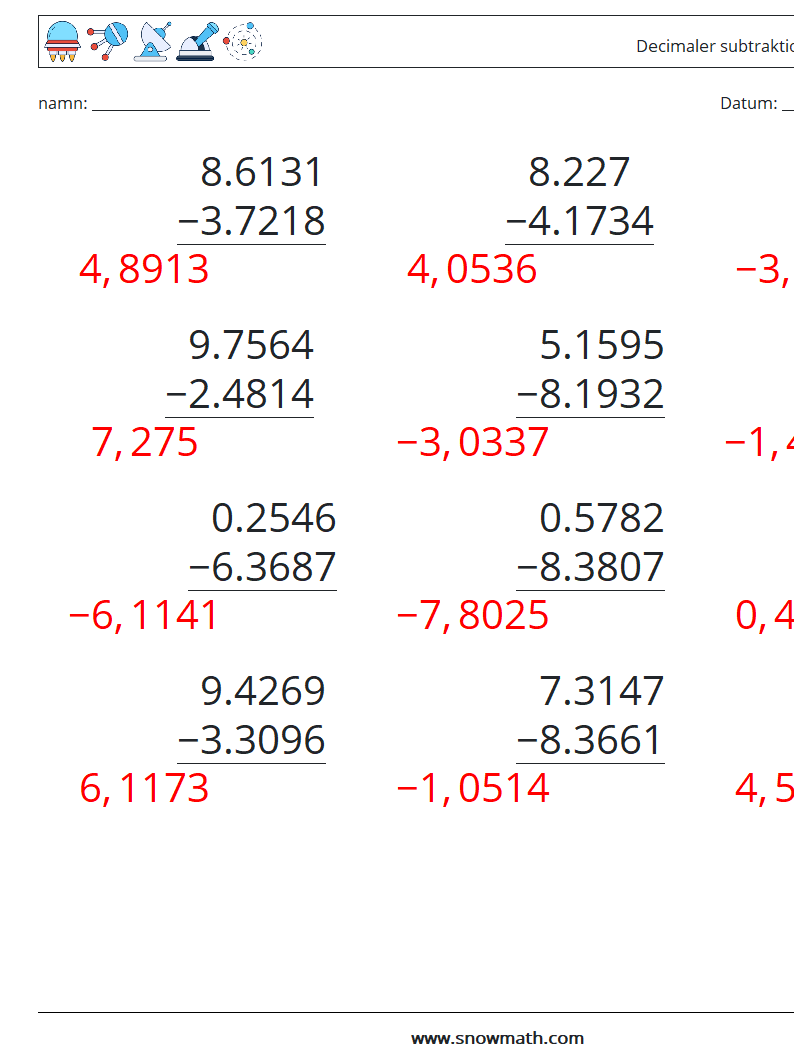 (12) Decimaler subtraktion (4 siffror) Matematiska arbetsblad 2 Fråga, svar