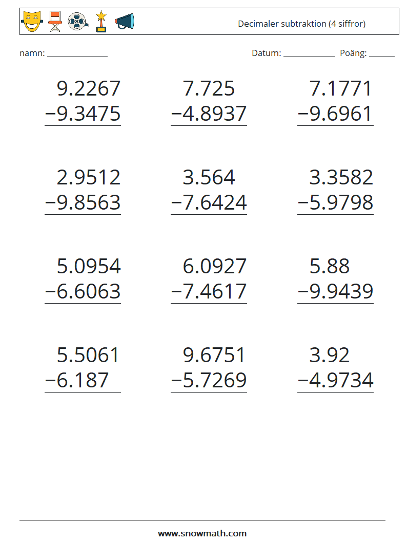 (12) Decimaler subtraktion (4 siffror) Matematiska arbetsblad 3