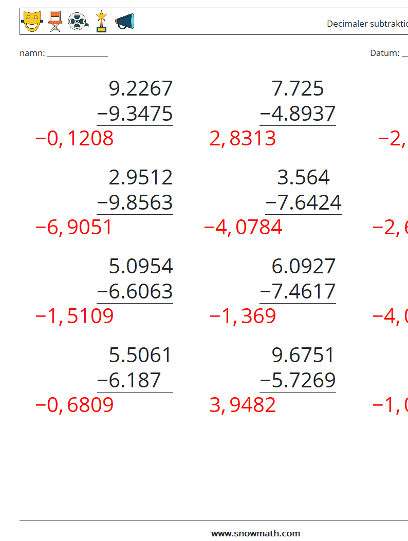 (12) Decimaler subtraktion (4 siffror) Matematiska arbetsblad 3 Fråga, svar