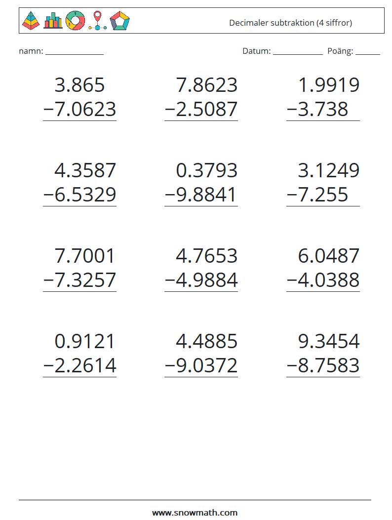 (12) Decimaler subtraktion (4 siffror) Matematiska arbetsblad 4