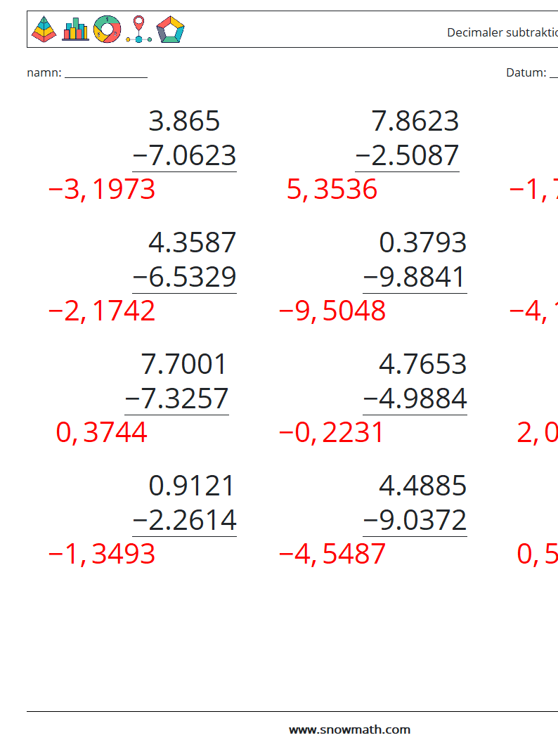 (12) Decimaler subtraktion (4 siffror) Matematiska arbetsblad 4 Fråga, svar