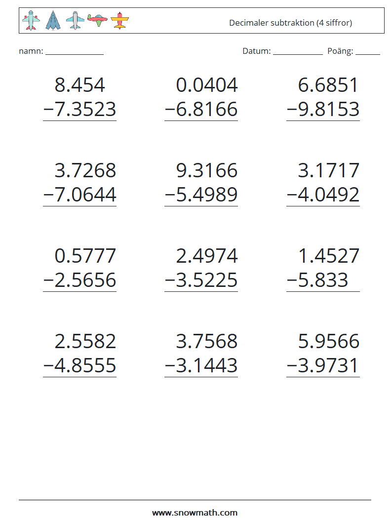 (12) Decimaler subtraktion (4 siffror) Matematiska arbetsblad 5