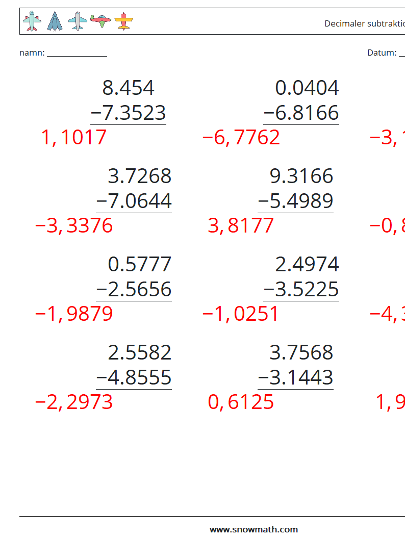 (12) Decimaler subtraktion (4 siffror) Matematiska arbetsblad 5 Fråga, svar